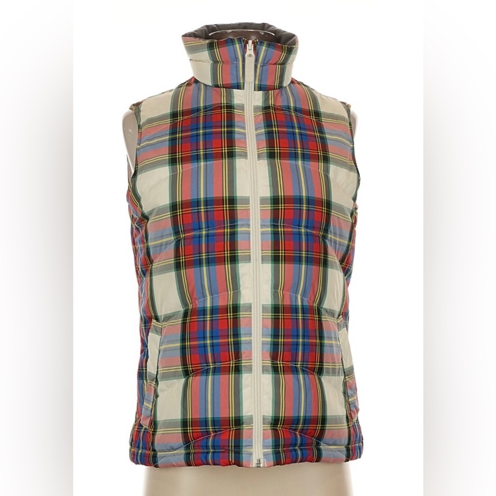 Lands End Womens Plaid Multicolor Zip Down Fill Quilted Puffer Vest Size M/Tall
